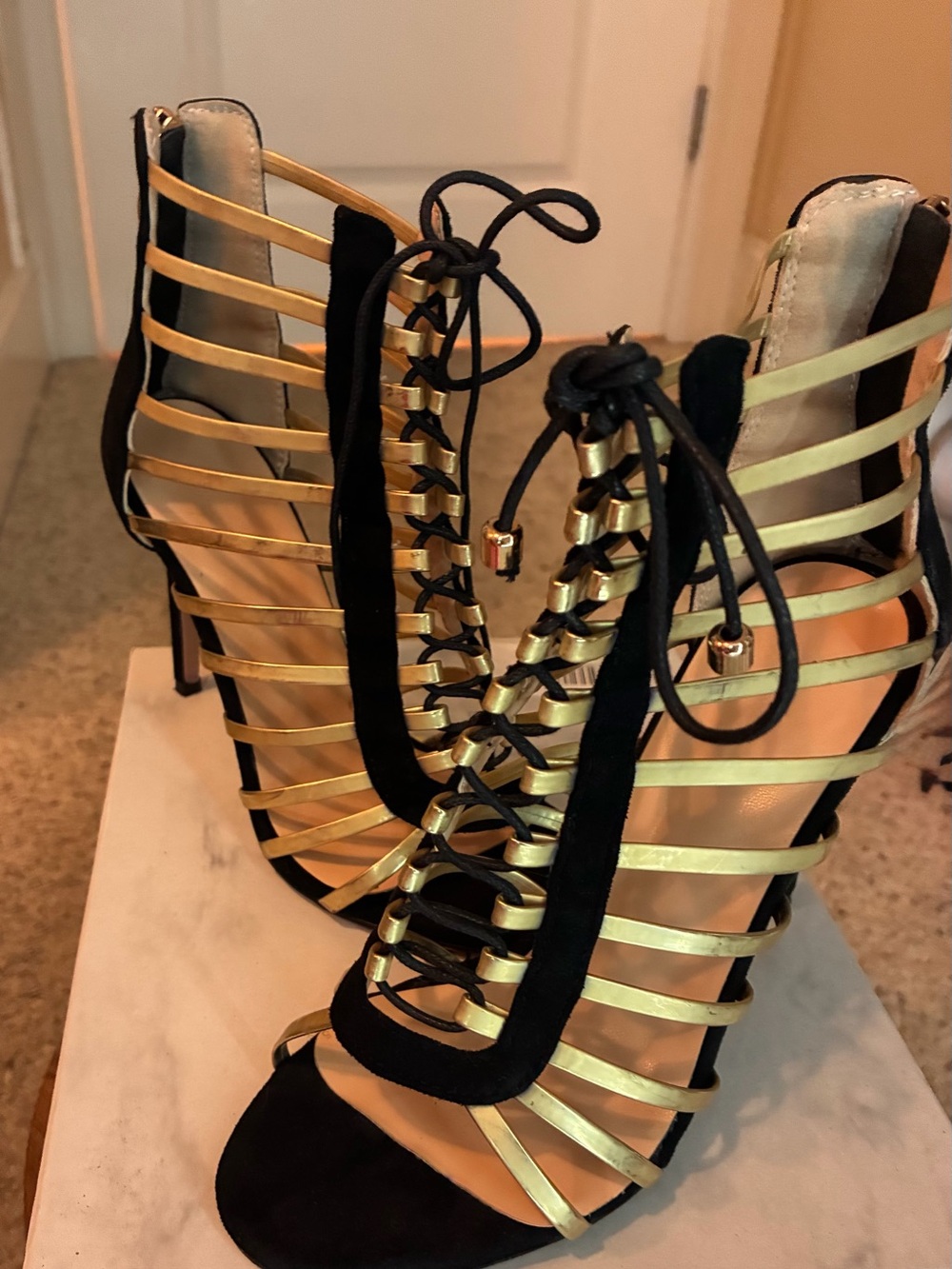 Source Unknown Gold and Black Strappy Lace-Up Heels